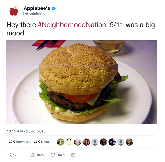 Illustration for article titled Social Media Misfire:Ā ApplebeeāsĀ Has Apologized After Tweeting That 9/11 Was A āBig Moodā With A Picture Of A HamburgerĀ